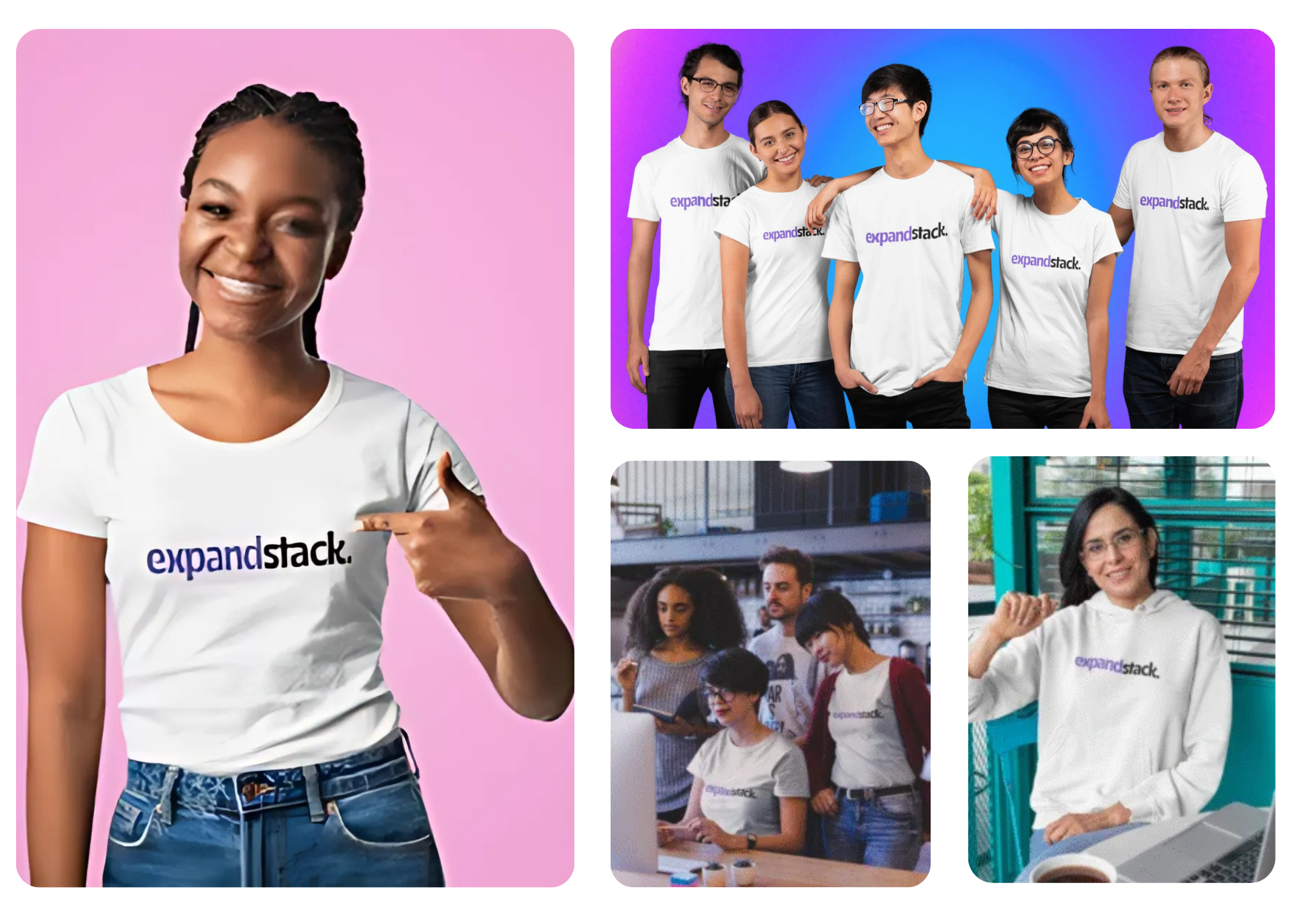 Expand Stack website development image . In this image 4 persons talking to each other and working on a project. This website is designed by avenuesols.com